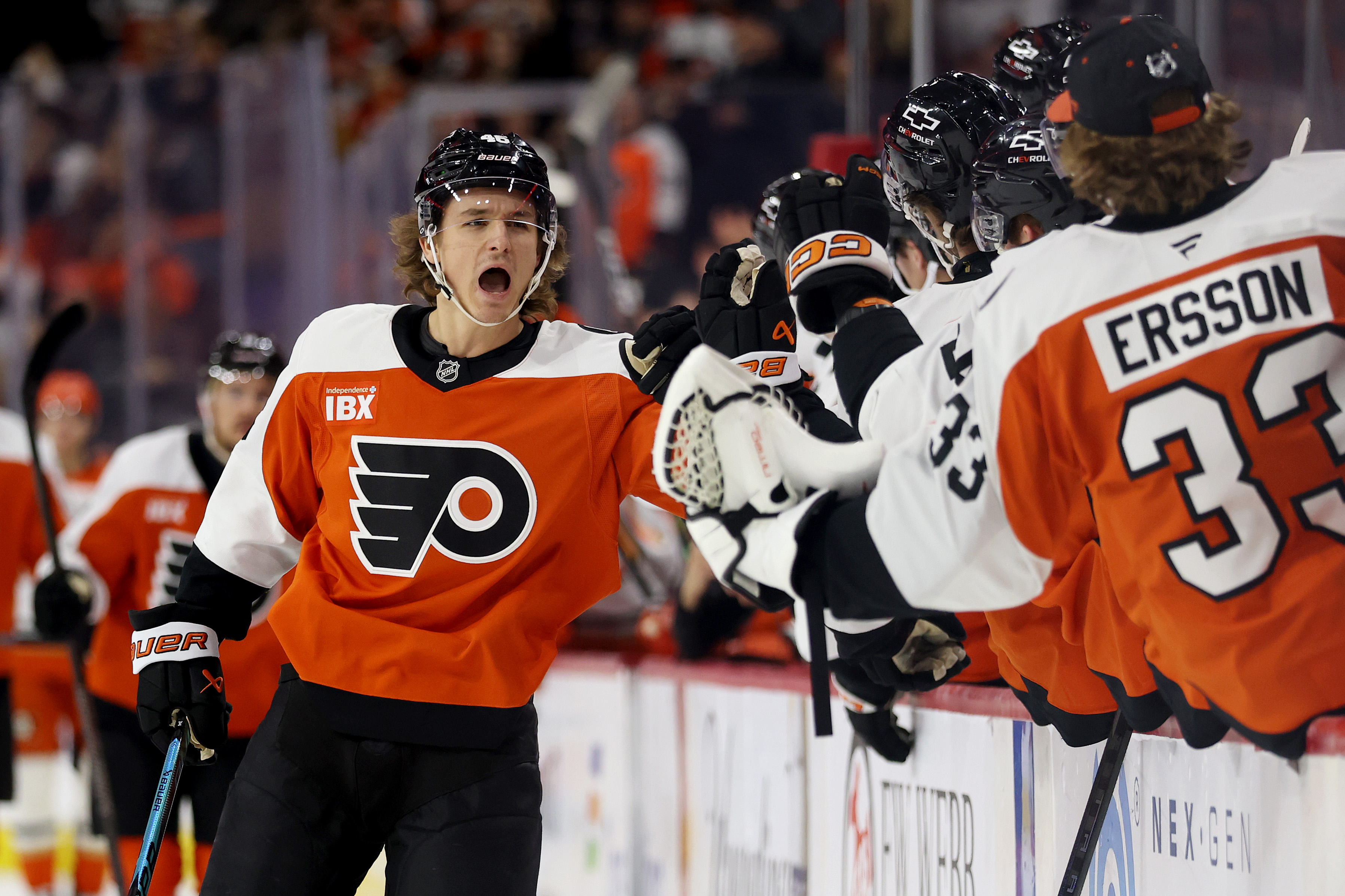 The Philadelphia Flyers’ Trevor Zegras celebrates after scoring his first goal during the first period of a game against the Ducks on Tuesday night in Philadelphia. Zegras scored twice to lead the Flyers to a 5-2 win against his former team. (Photo by Emilee Chinn/Getty Images)
