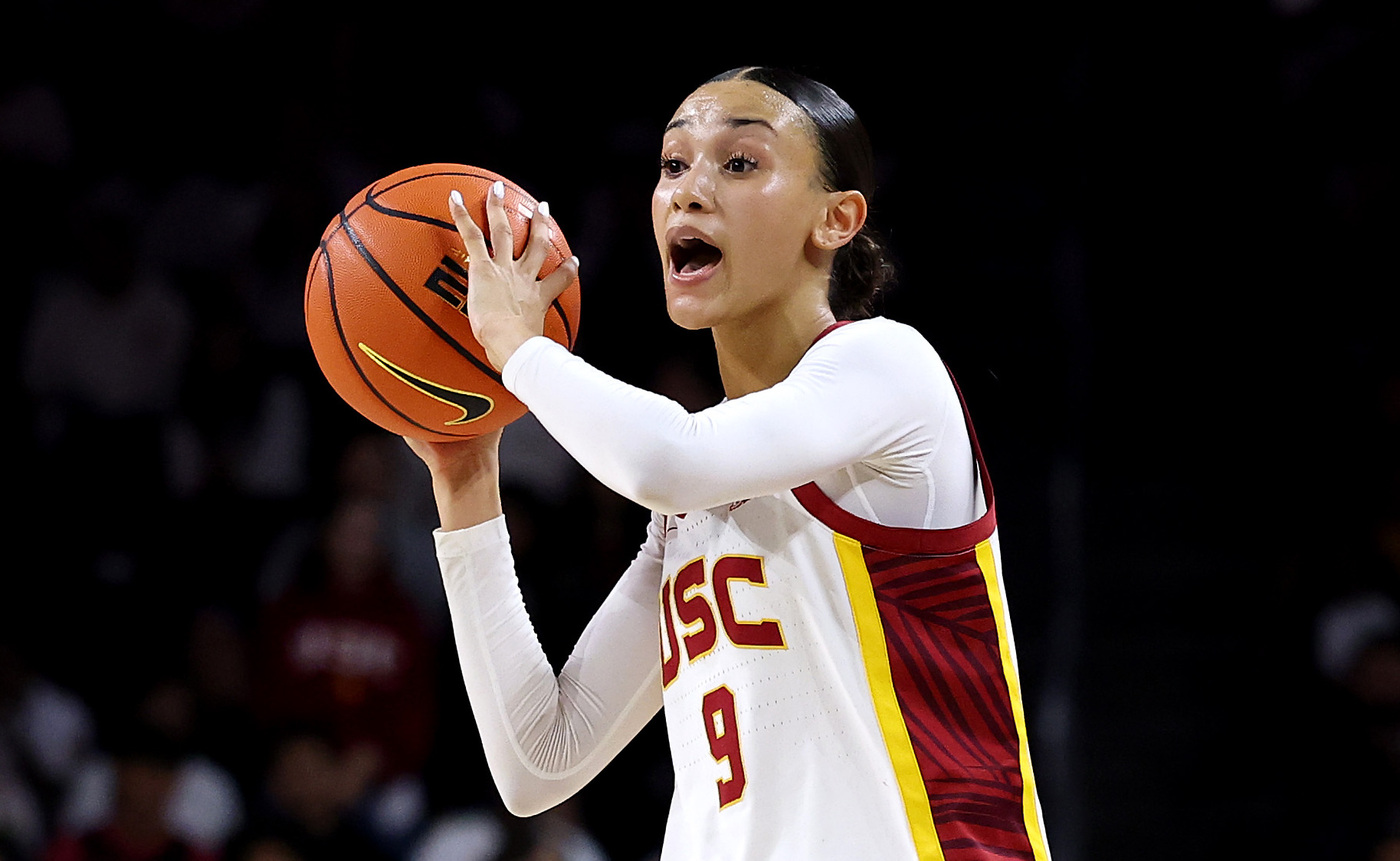 USC guard Jazzy Davidson, shown in an image from earlier this season, had 14 points, 13 rebounds and five assists in the Trojans’ 71-66 loss to Oregon on Tuesday night at the Galen Center. (Photo by Luke Hales/Getty Images)
