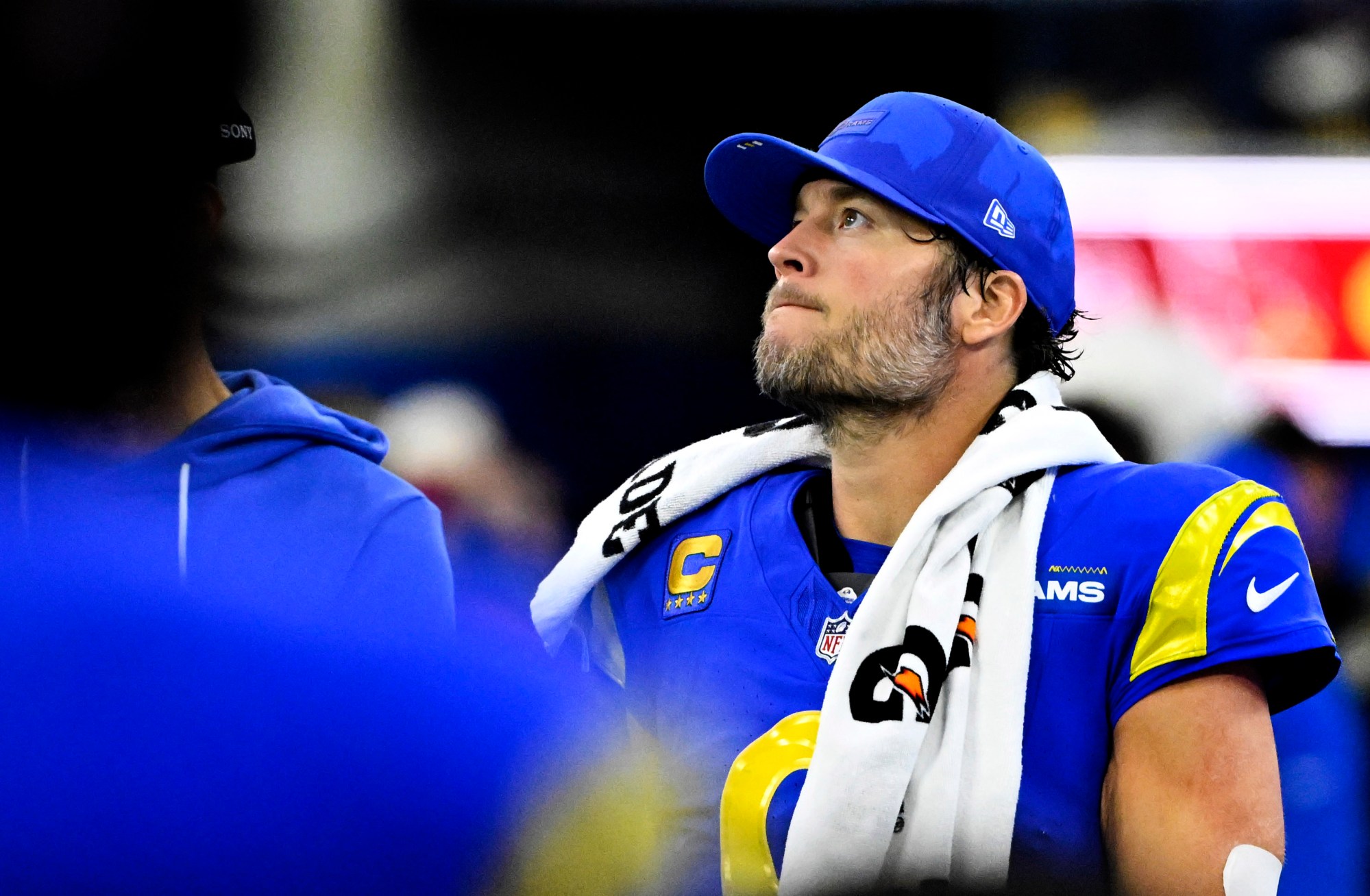 Ram quarterback Matthew Stafford looks on from the sideline during the second half of their regular-season finale against the Arizona Cardinals on Sunday at SoFi Stadium in Inglewood. (Photo by Keith Birmingham, Pasadena Star-News/SCNG)
