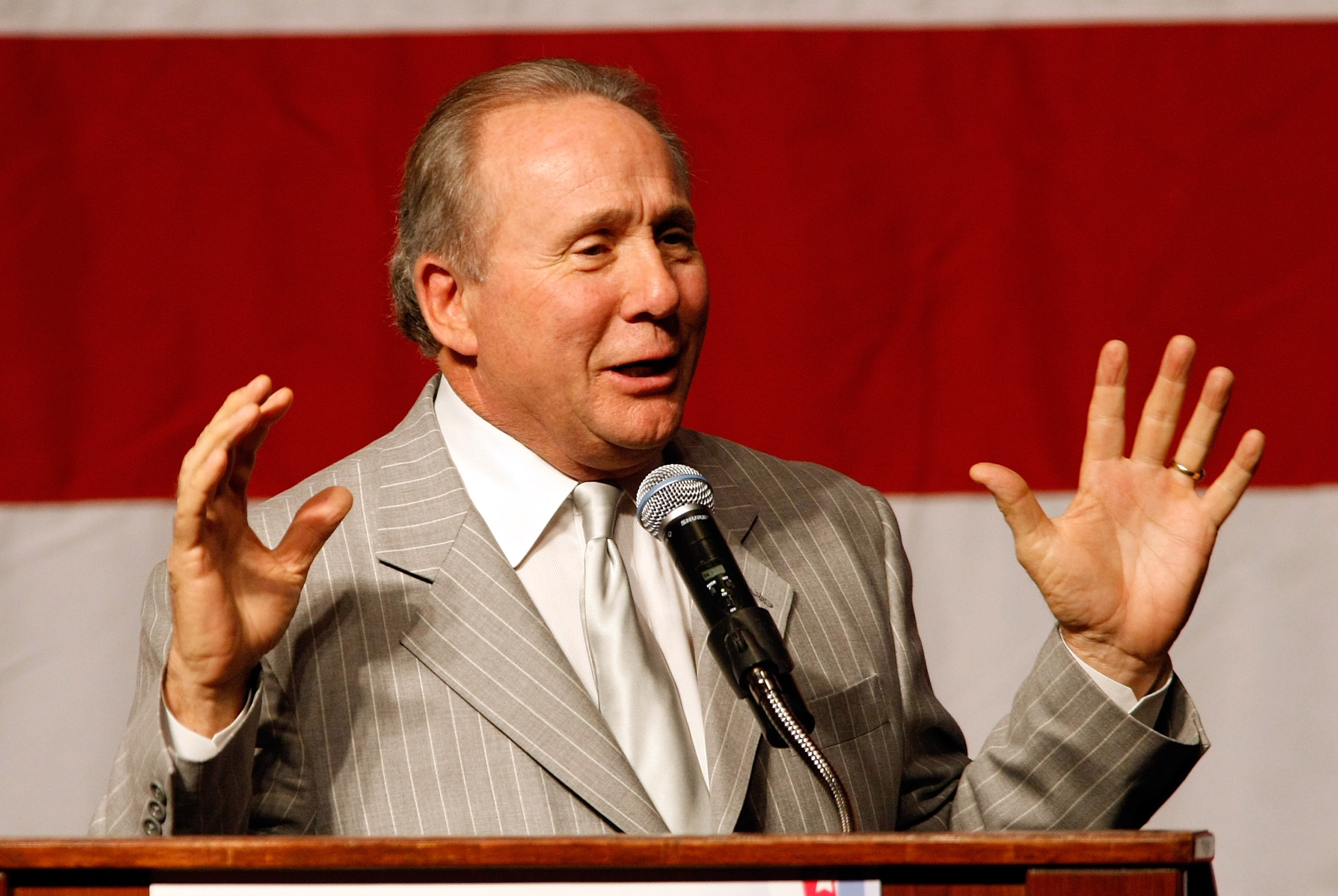 FILE: Michael Reagan speaks at a get-out-the-vote rally for U.S. Republican Senate candidate Sharron Angle featuring U.S. Sen. John McCain (R-AZ) at The Orleans Oct. 29, 2010 in Las Vegas, Nevada.  (Photo by Ethan Miller/Getty Images)
