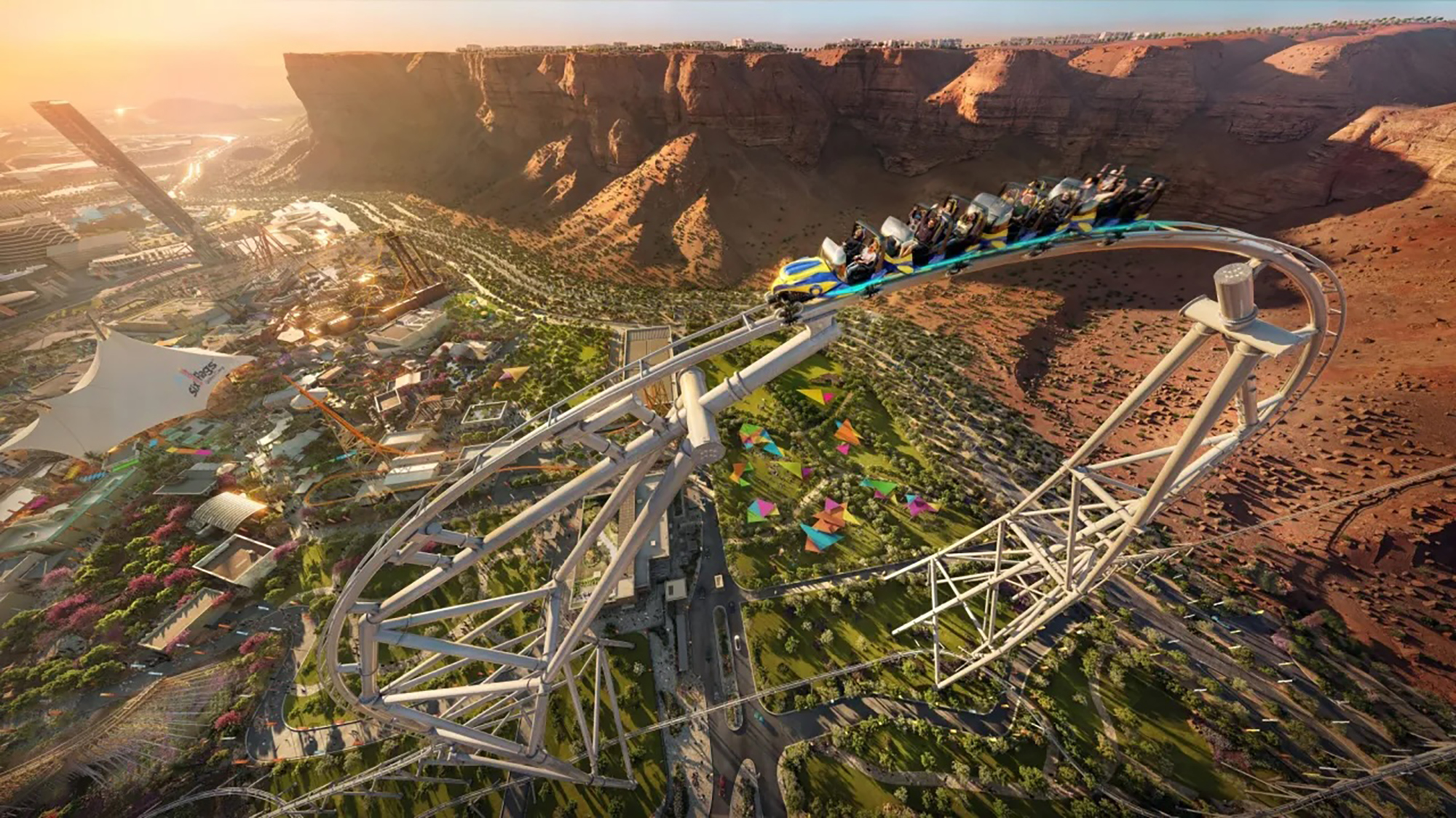 Concept art of the Falcons Flight coaster, which opened Dec. 31 at Six Flags Qiddiya in Saudi Arabia. (Qiddiya/TNS)
