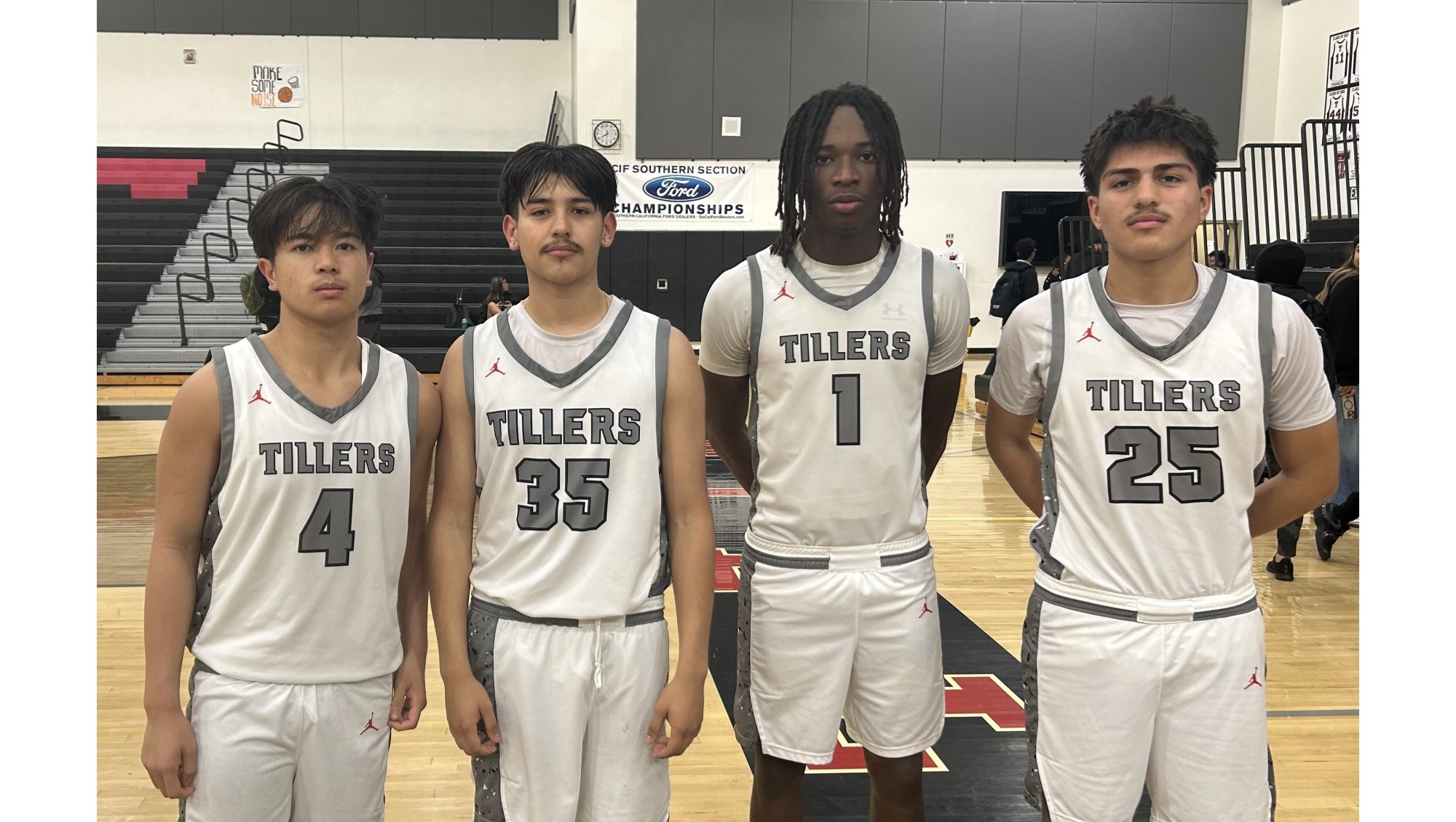Tustin’s boys basketball team, led by (from left to right) Peyton Montha, John Gonzalez, Brannon Hampton and Felix Alcazar, defeated Calvary Chapel 64-52 in an Empire League game Tuesday, Jan. 6, 2026. (Photo by David Delgado)
