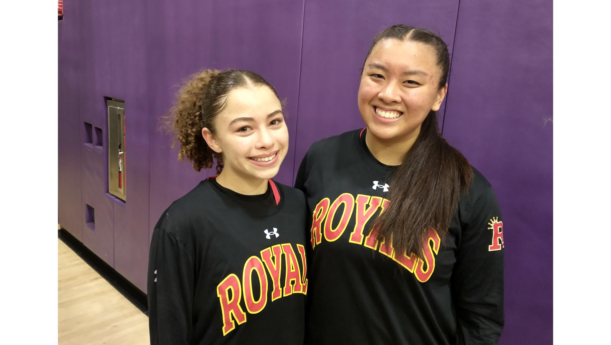 Rosary’s Riyanna Meaders (left) scored 11 points and Emalynn Vong scored 14 as the Royals rallied to defeat Portola 56-52 in a Pacific Coast League opener Tuesday, Jan. 6, 2026. (Photo by Martin Henderson)
