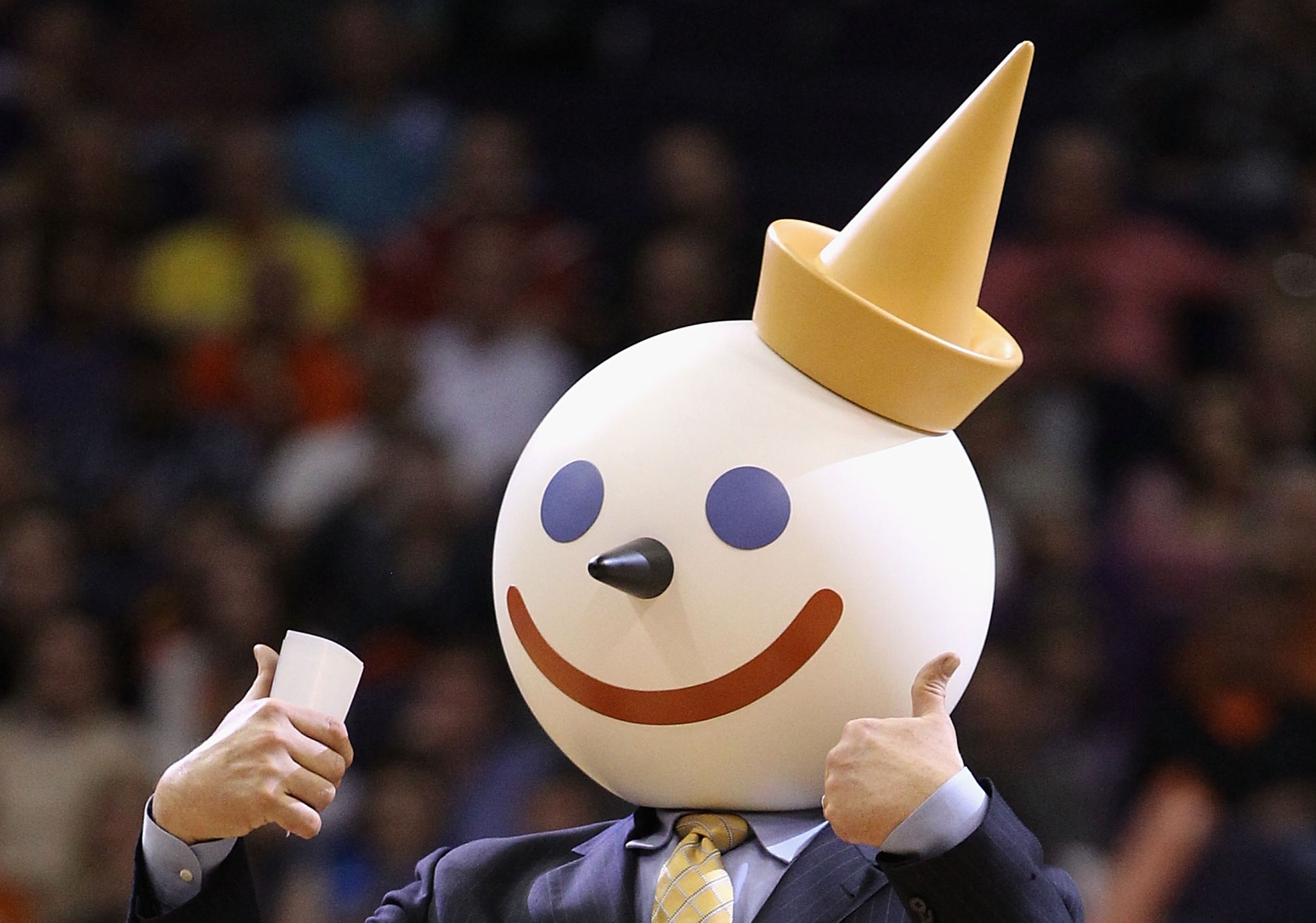 The Jack in the Box mascot attends the NBA game between the Dallas Mavericks and the Phoenix Suns at US Airways Center on February 17, 2011 in Phoenix, Arizona. (Photo by Getty Images)
