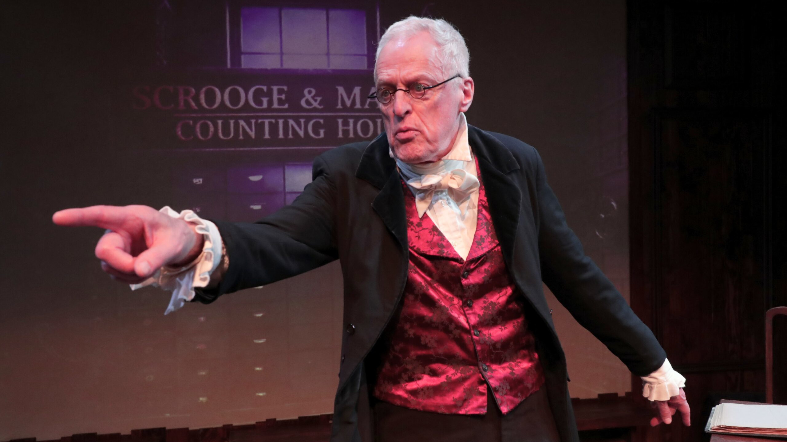 Bruce Goodrich plays the title role in “Scrooge! The Musical” at Chance Theater through Dec. 21. (Photo by Doug Catiller)
