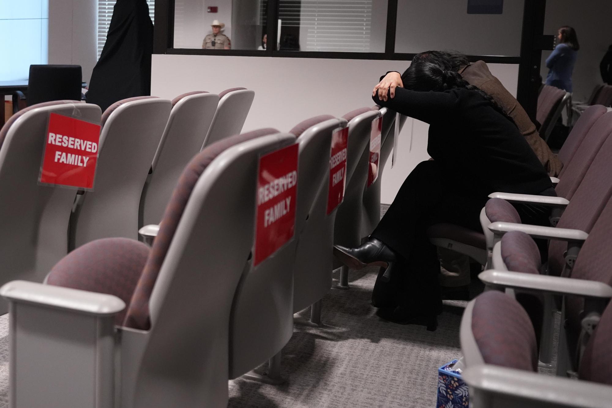 Family members attend the trial for former Uvalde school district police officer Adrian Gonzales at the Nueces County Courthouse in Corpus Christi, Texas, Tuesday, Jan. 6, 2026. (AP Photo/Eric Gay)
